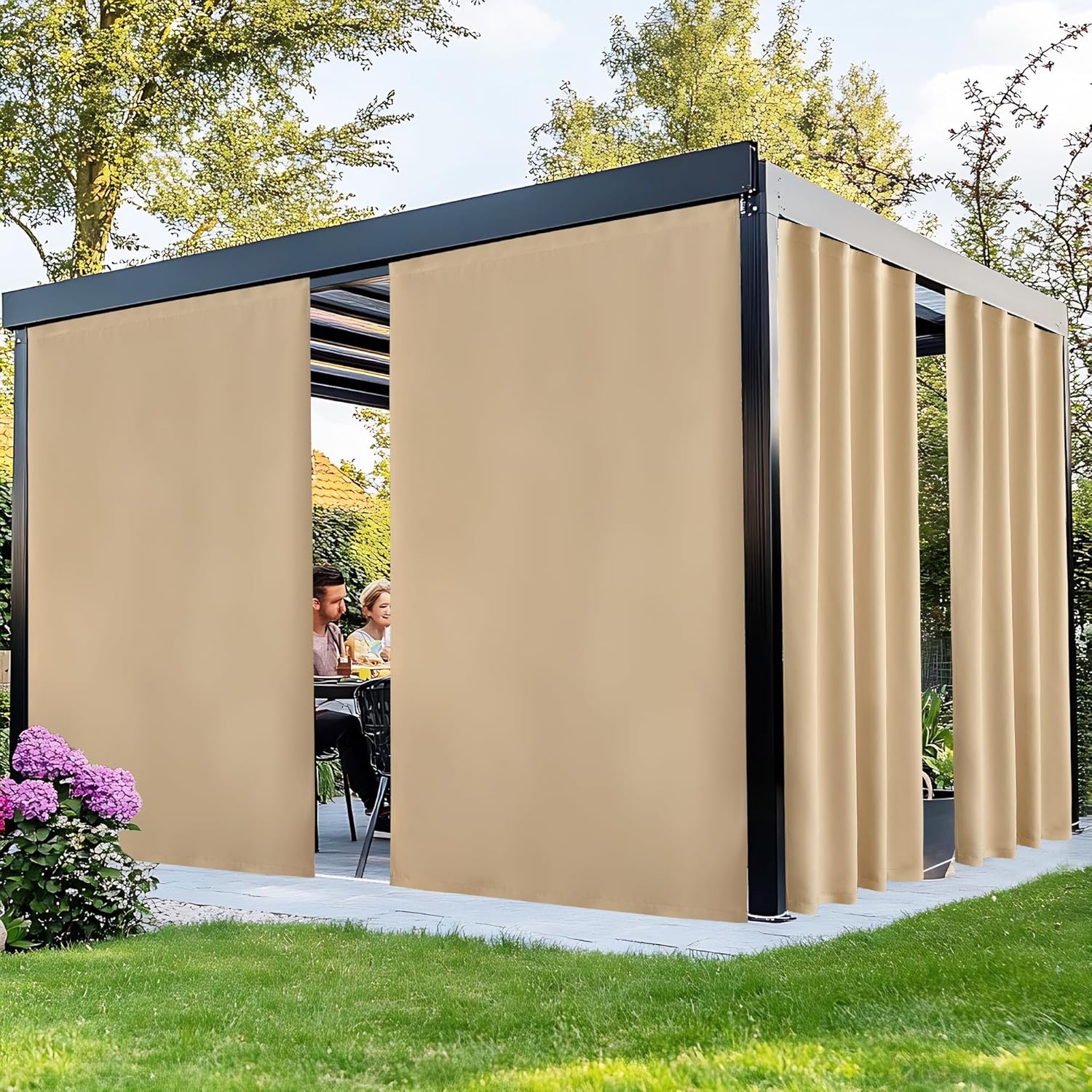 NICETOWN 100% Blackout Outdoor Curtains for Patio 2 Panels, Faux Linen Waterproof & Windproof Gazebo Curtains with Sticky-Back Top & Back Tab Bottom, Includes Straps, Rope, Screws, W52 xL96, Grey