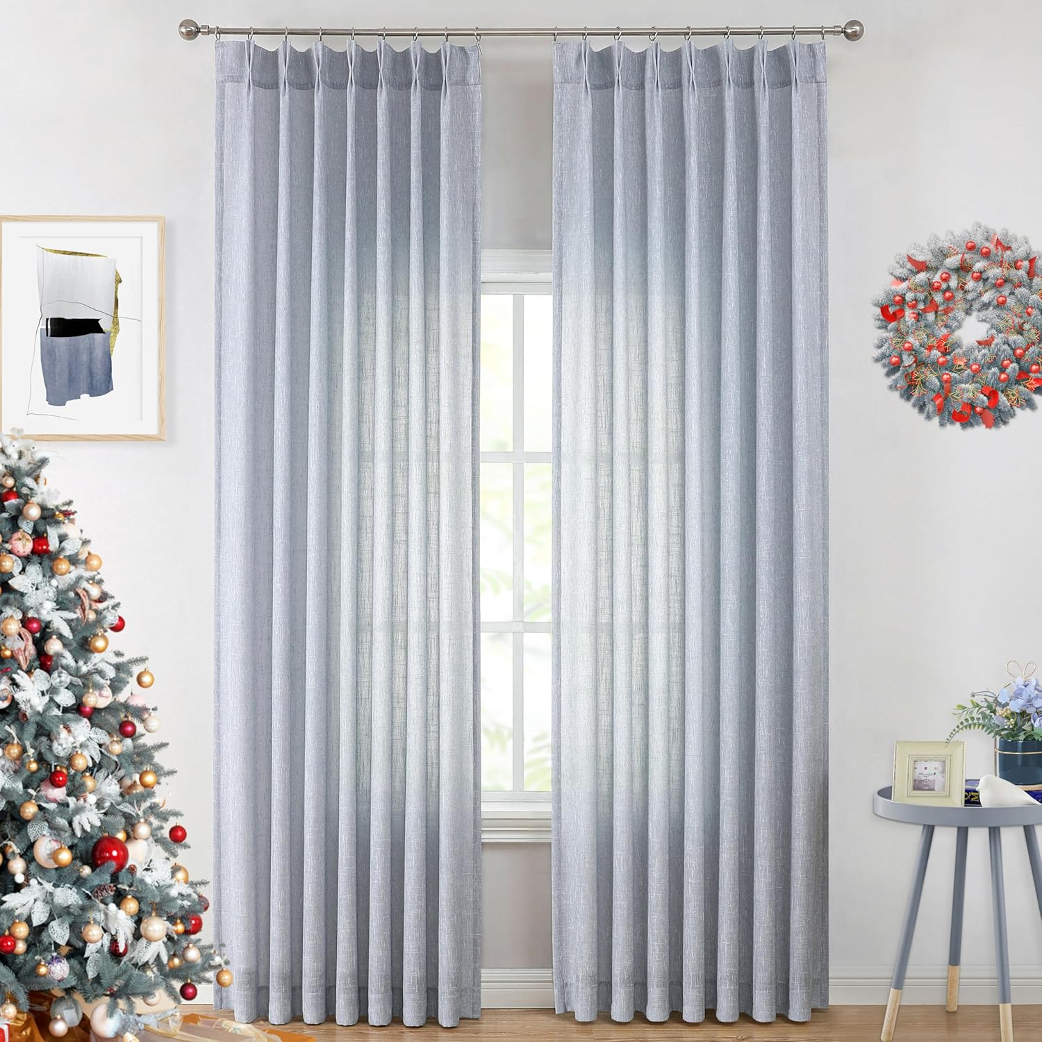 Vision Home Natural Pinch Pleated Semi Sheer Curtains Textured Linen Blended Light Filtering Window Curtains 84 inch for Living Room Bedroom Pinch Pleat Drapes with Hooks 2 Panels 42" Wx84 L